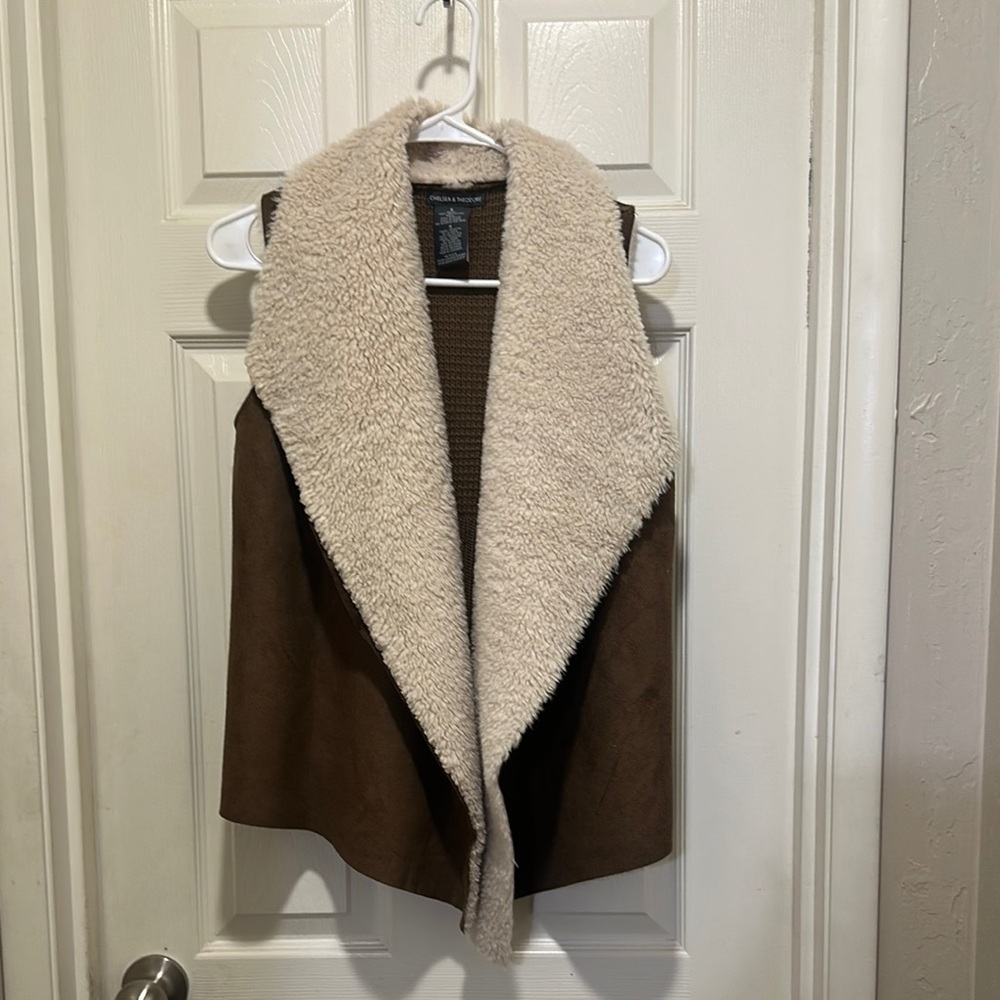 Cream and Brown Suede Sherpa Vest with Oversized Collar